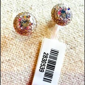 NEW w/ Tags, Halo Set CZ + Sterling Stud Earrings